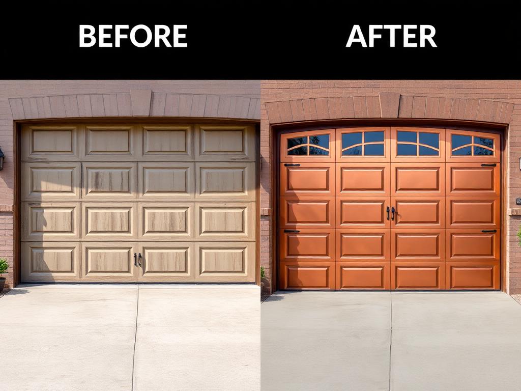 Before and after comparison of garage door upgrade showing dramatic improvement