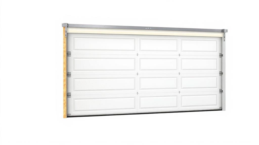 Cross-section view of insulated garage door panel showing foam layers