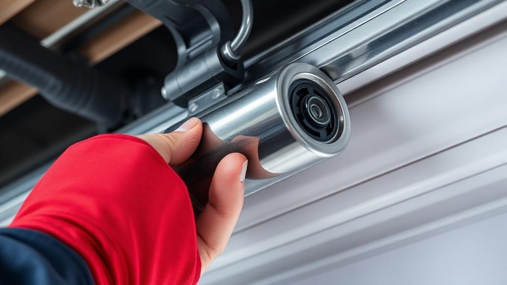 Close-up of garage door roller being replaced by professional technician