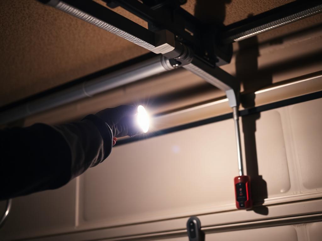 Emergency garage door repair service technician working at night