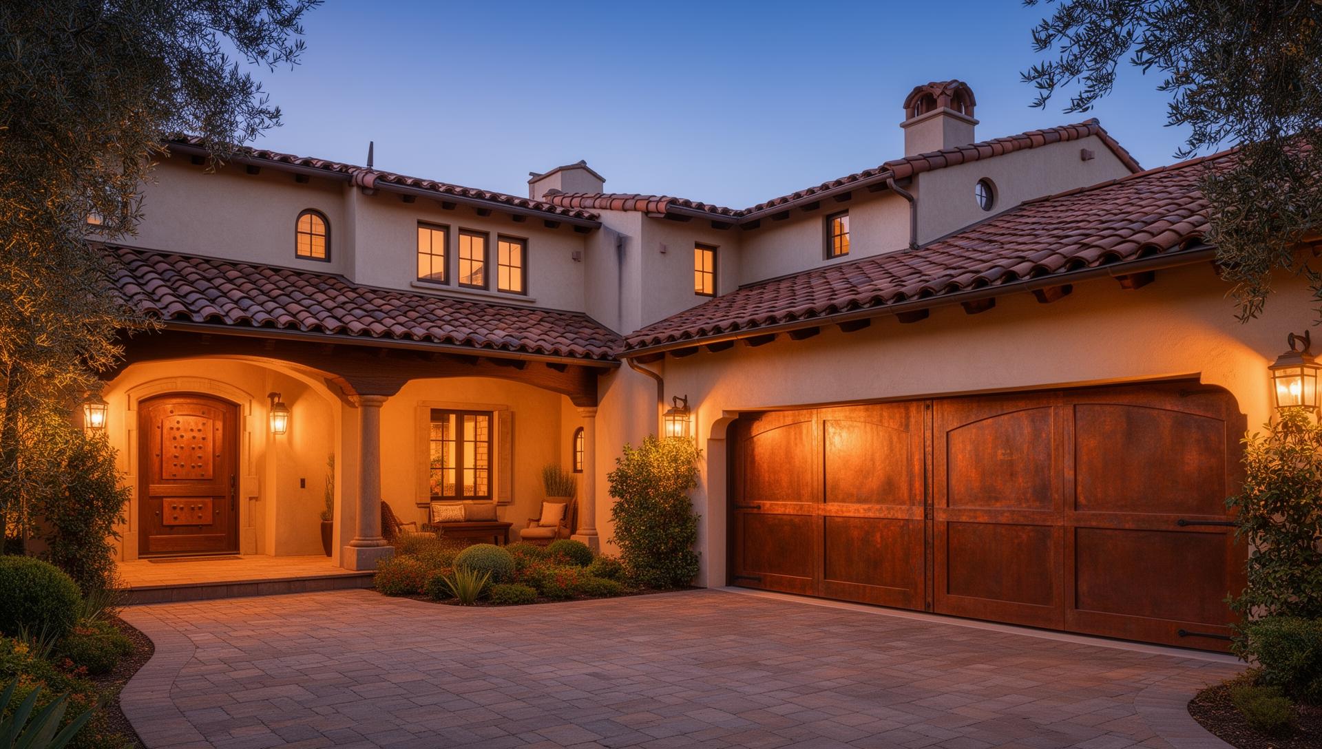 Luxury copper-clad garage doors on Spanish revival home at dusk