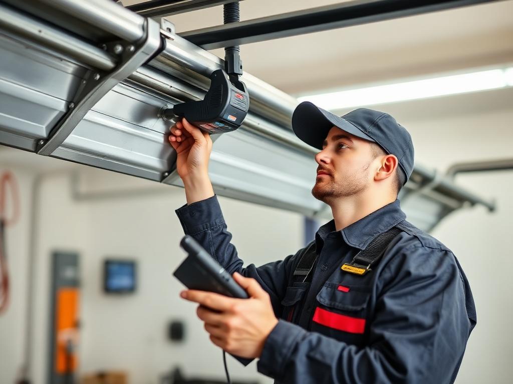 Expert technician diagnosing garage door sensor alignment